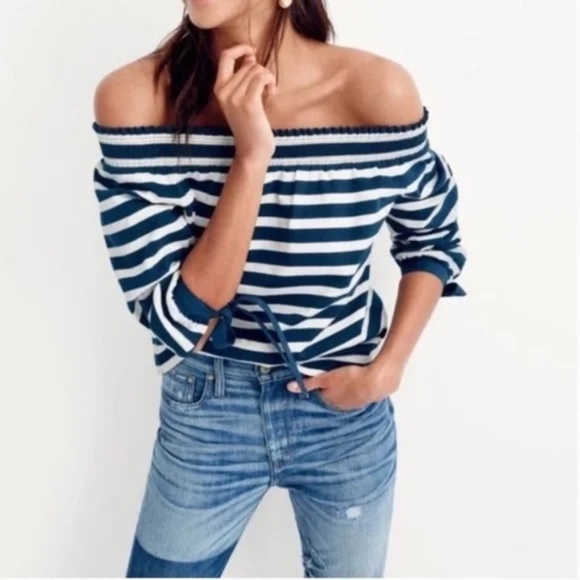 J. Crew Women's Striped Off-Shoulder Long Sleeve Top Size Medium - Picture 1 of 4
